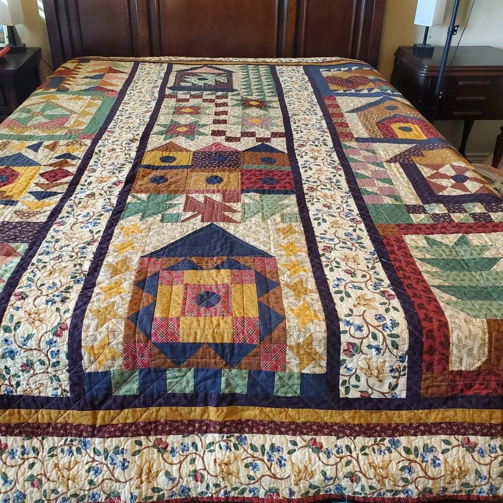 Handmade Safe Haven Cotton Heirloom Quilt Queen Patchwork Birdhouse Multi-Color